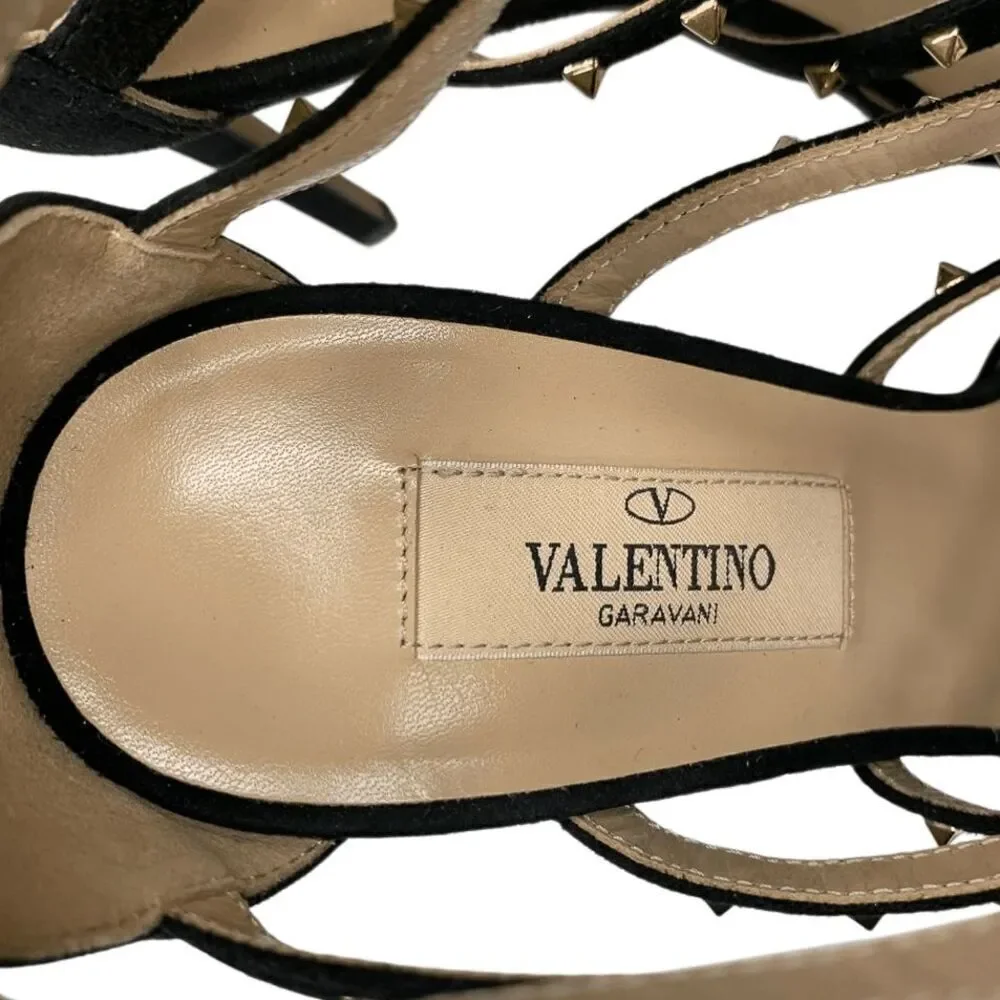 Valentino Garavani Caged Stud Sandal EU 37 US 7 Black Suede High Heel Rockstud